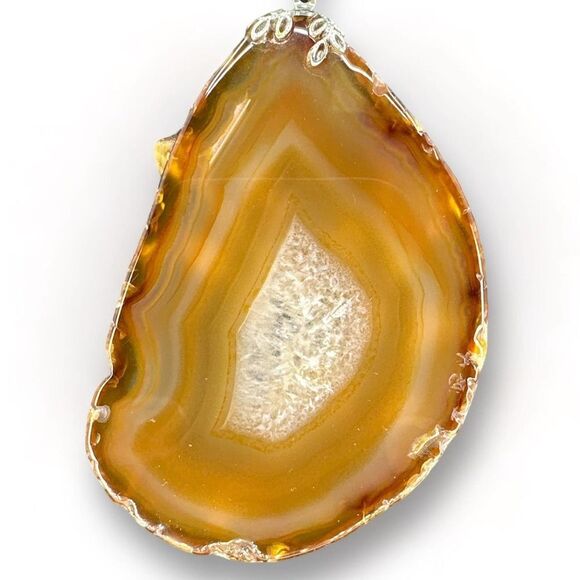 Large Stone Pendant Slice Agate with Flower Tiger’s Eye Silverstone Chain - Picture 6 of 7